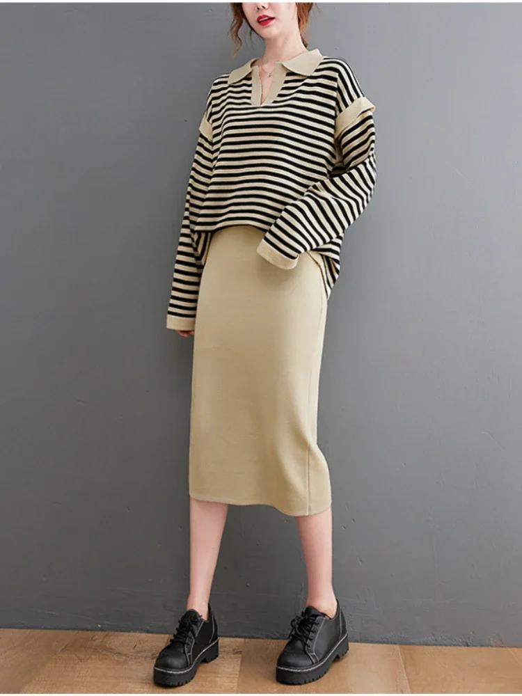 

Women Autumn Winter New Korean Sweater 2 Piece Set Knitted Striped Polo Collar Pullover High Waisted Skirt Elegant Women's Set