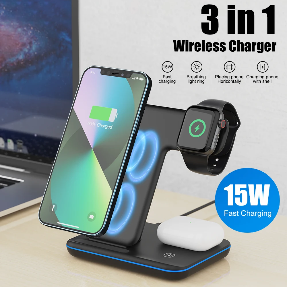 3 in 1 Wireless Charger Stand 15W Qi Fast Charging Dock Station for Apple Watch iWatch 7 AirPods Pro For iPhone 13 12 XS 8 Plus