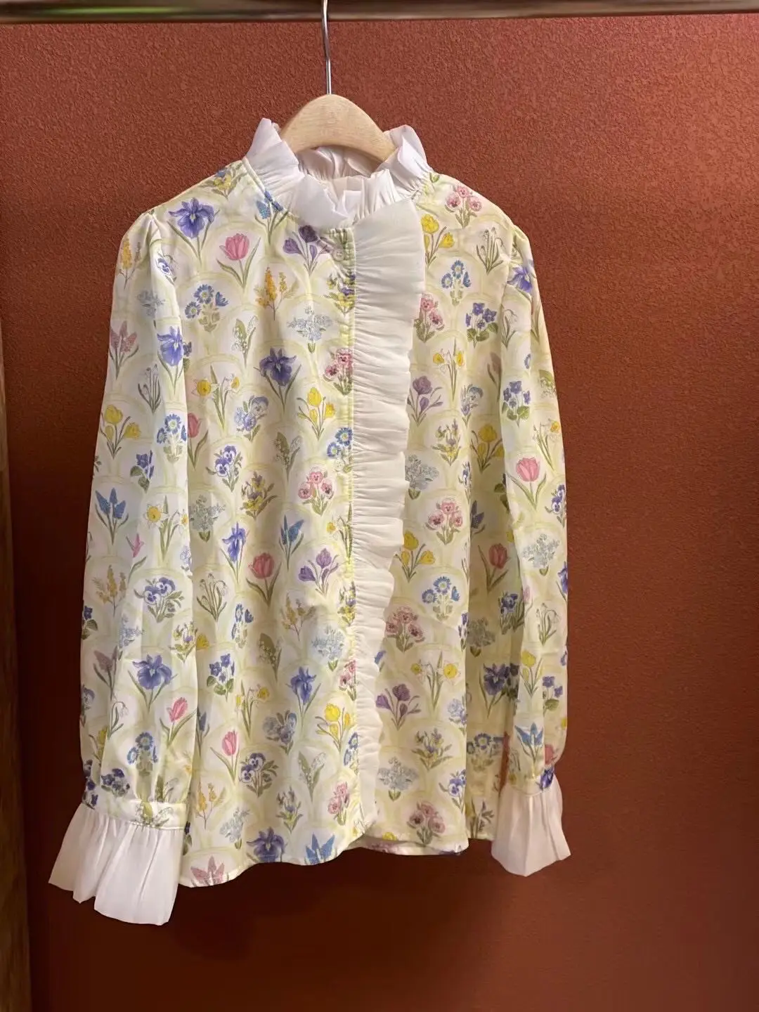 

Женская однобортная рубашка с оборками, элегантная Свободная блузка с длинным рукавом и цветочным принтом, весна 2023