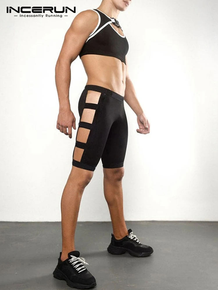 INCERUN Men Sleep Shorts Solid All-match Hollow Homewear Elastic Waist Sleep Bottoms Sexy Casual 2022 Fitness Male Shorts S-5XL