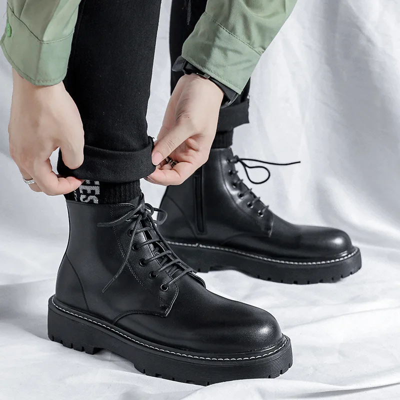 

men's casual business office dress original leather boots lace-up platform shoes spring autumn work boot breathable ankle botas