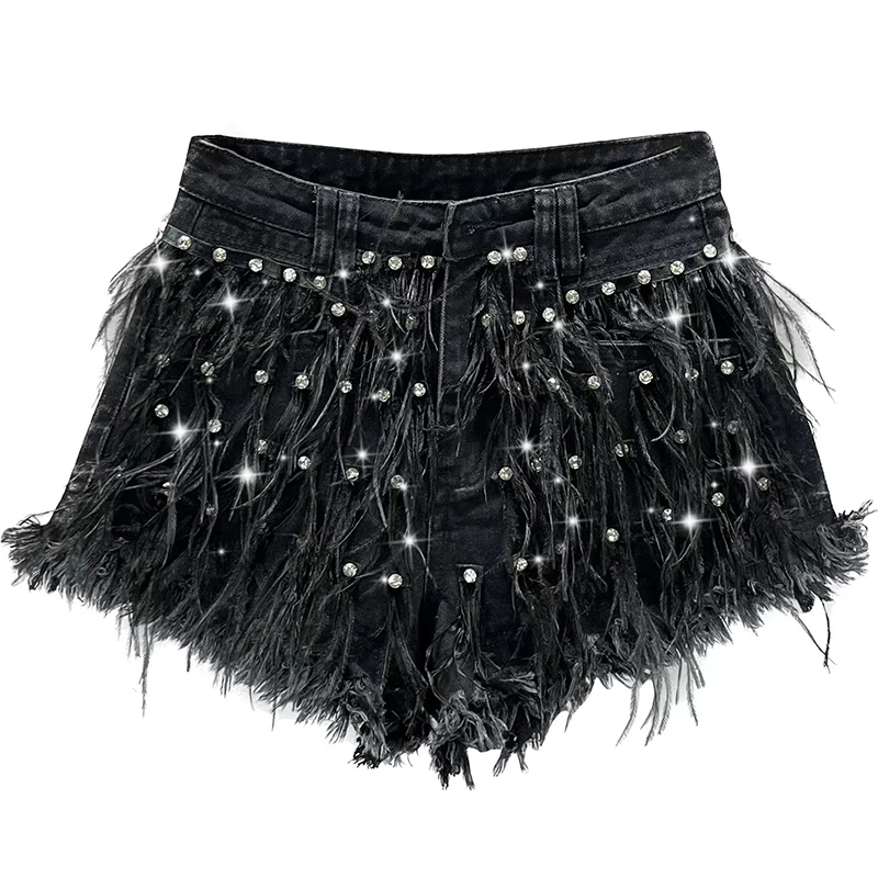 Exquisite Rhinestone Hot Pants Women 2023 New Summer High Waist Shorts Slimming Women's Denim Shorts Tassel Wide-Leg Pants