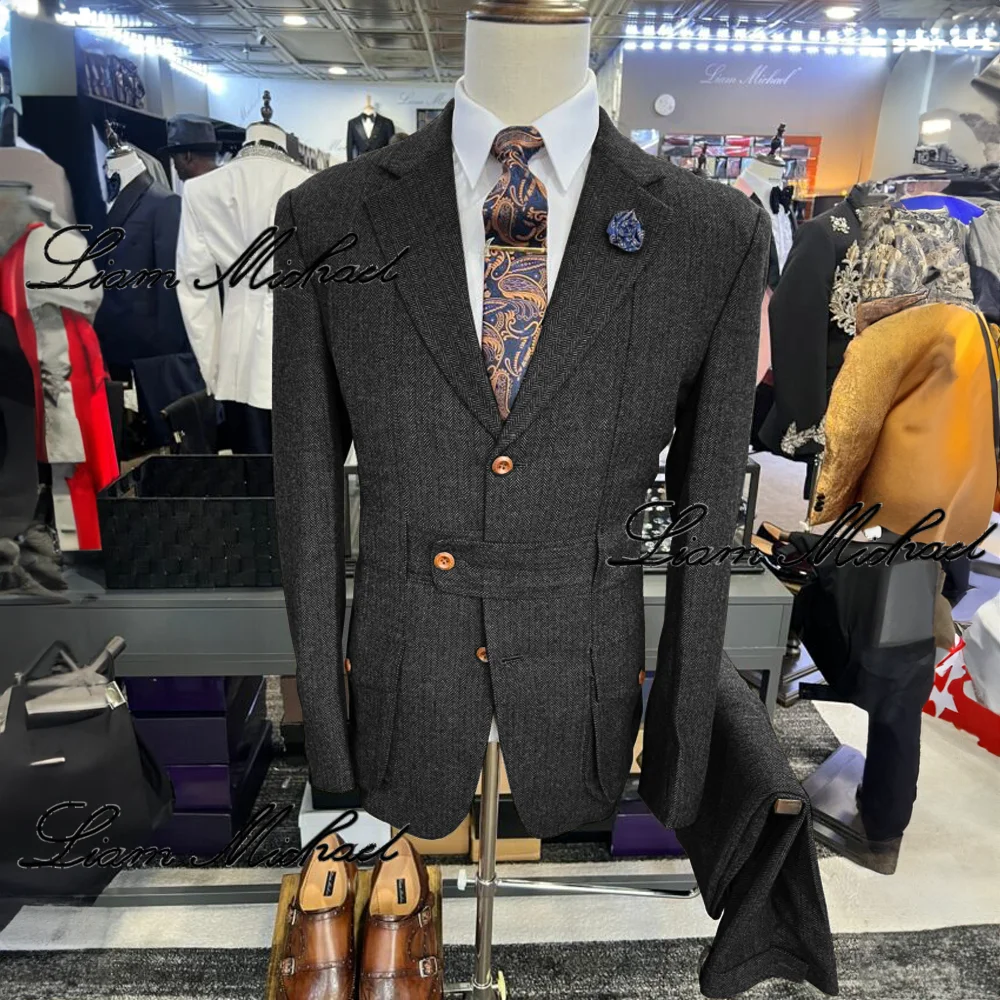 Мужской винтажный костюм из 2 предметов пиджак в елочку брюки деловая офисная