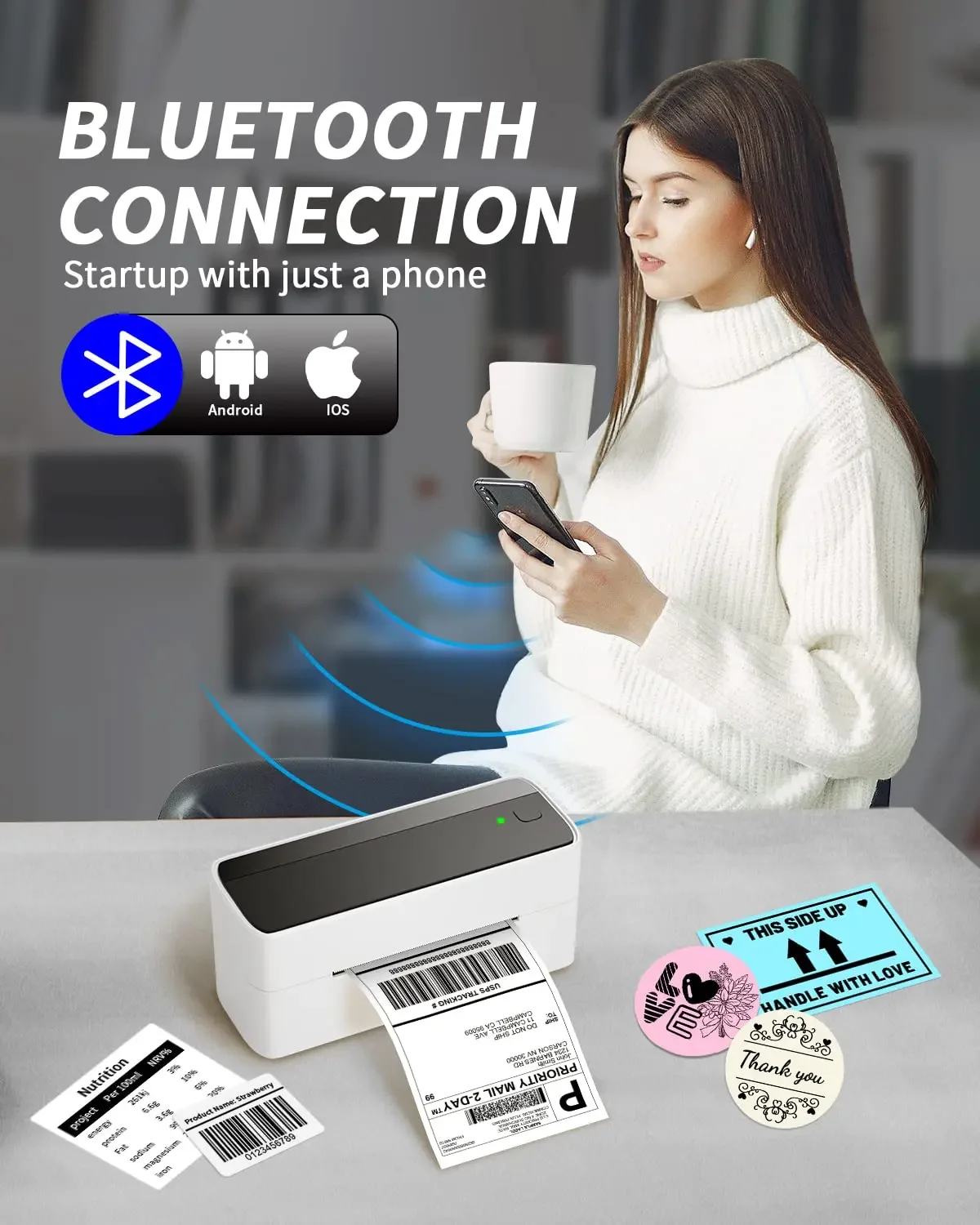 Беспроводной термопринтер для этикеток Phomemo 241 с Bluetooth 108 мм совместим iPhone Android Mac