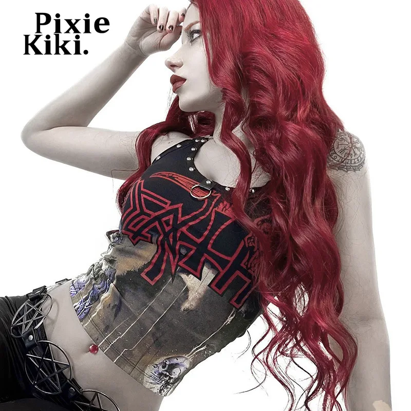 Топ PixieKiki Cyber Y2k с заклепками женский летний топ готическая Черная майка открытой