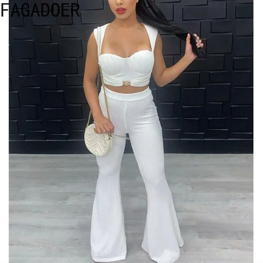 

FAGADOER White Sexy Sleeveless Crop Top + Flare Pants Two Piece Set Women Matching 2pcs Outfits Fashion Party Club Clothing 2023