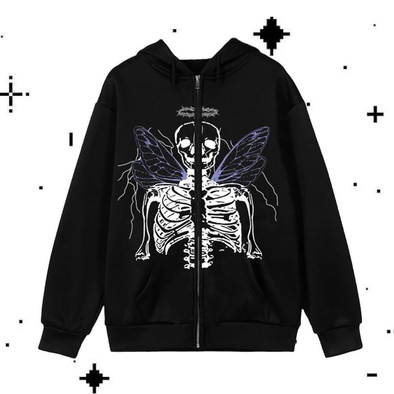 

Hip Hop Fashion Men Women Coat Women's Y2K Hoodie Zip-up Sweatshirt Angel Printing Jacket Loose Long Sleeve Pockets Streetwear