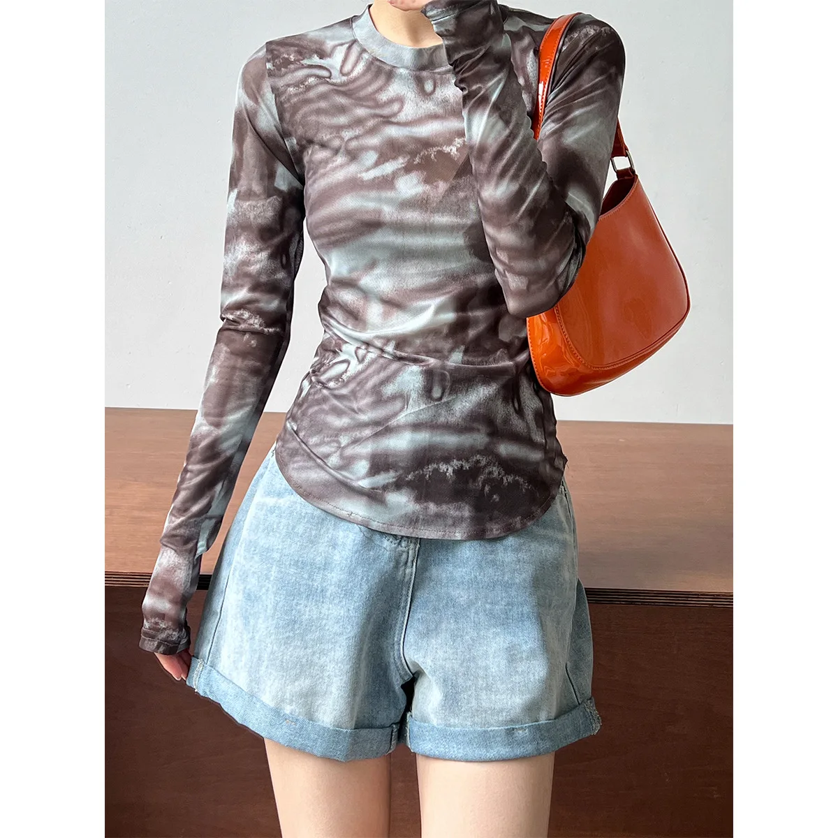 

Tie Dyed Bottom Shirt Perspective T-shirt Women's Slim Fit Pure Desire Spicy Girl Short Long Sleeve Mesh Sunscreen Top