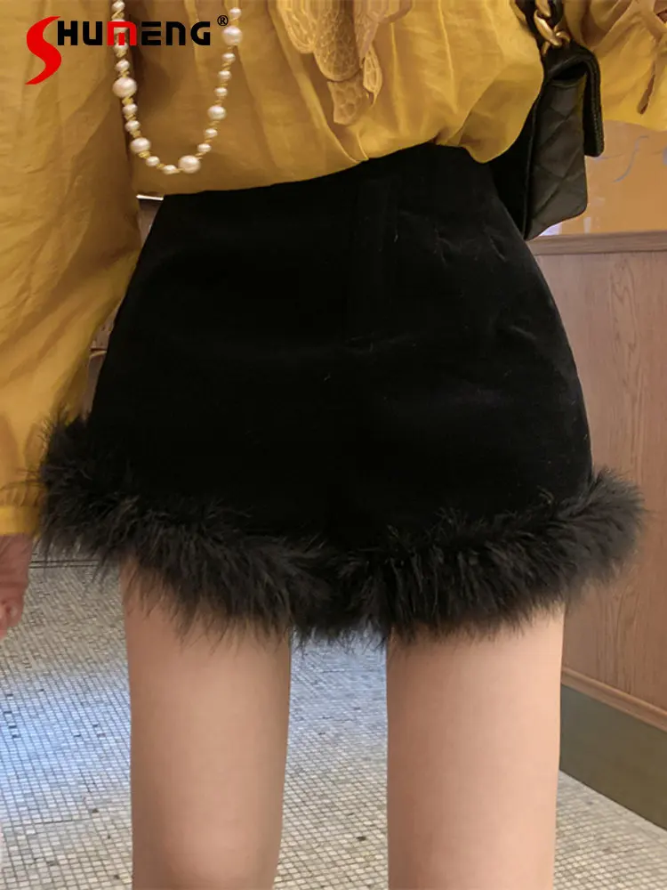Elegant Luxury High Waisted All-Match Frayed Furry Shorts for Women Autumn 2022 New Casual Short Black Pants Female Streetwear