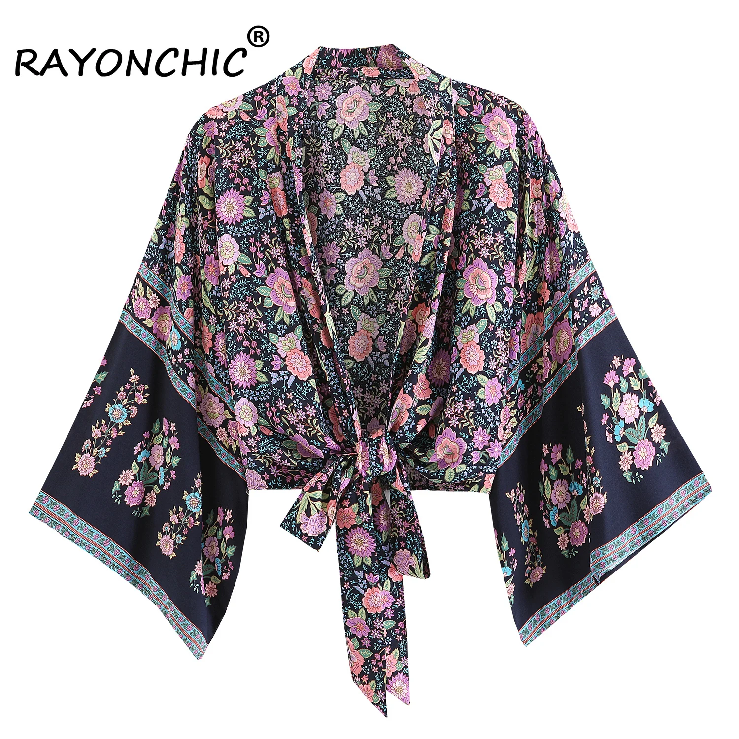 

RAYONCHIC Short Robe Rayon Floral Print Beach Wear Bikini Cover Ups Vintage Women Blusas Boho Style Hippie Female Kimonos