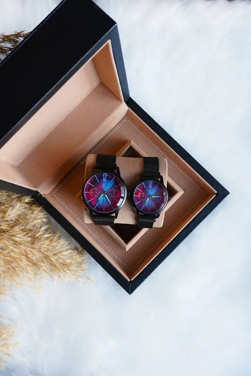 

Double wrist watch black straw cord colorful glass dear women men wrist watch