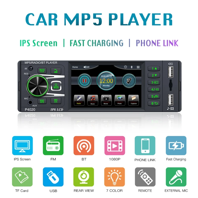 

Автомагнитола 1 DIN, мультимедийный видеоплеер, стерео, Aux, TF, USB, головное устройство с сенсорным IPS экраном P4020