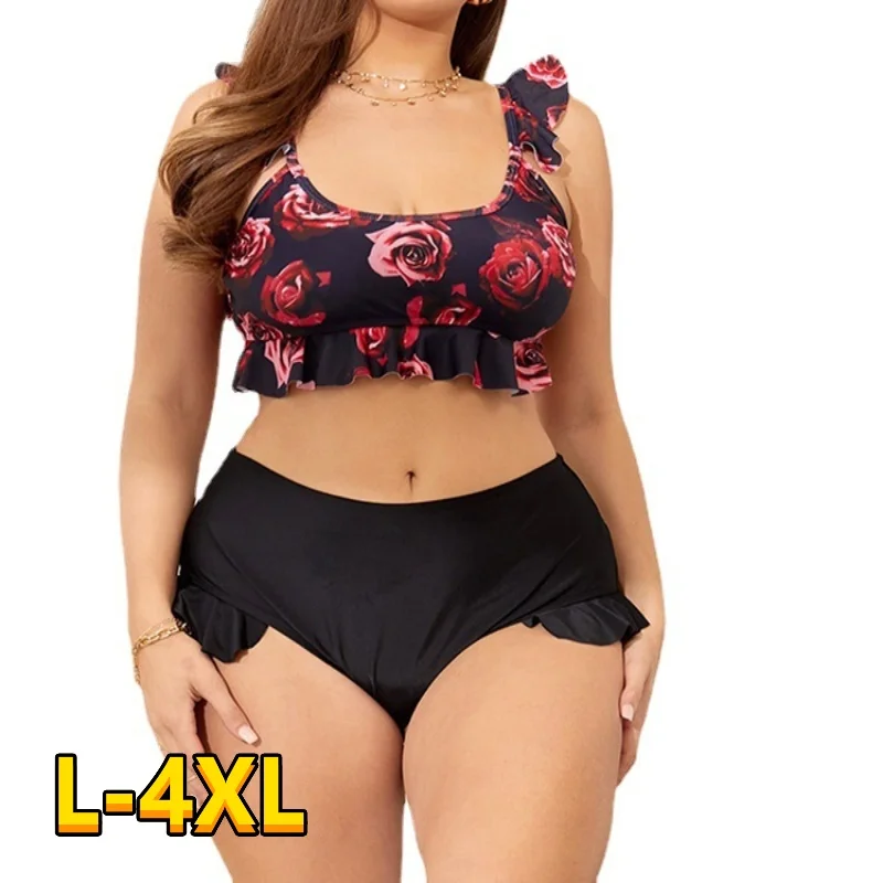 

Women's Large Size Bikini Set Pink Girls Swimsuits Ruffle Two Piece Swimwear High Waist Swimsuit for Chubby woman Swim Suit 4XL