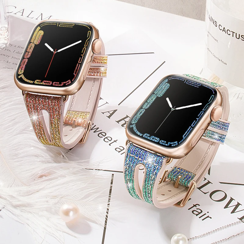 Slim Discoloration Strap For Apple Watch band 44mm 40mm 45mm 41mm 42mm 38mm Leather+Silicone wrist belt bracelet iwatch 4 5 6 7