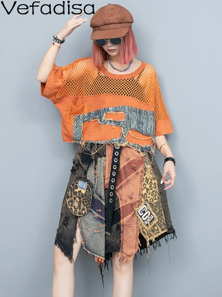 

Vefadisa 2023 Summer Women Color Matching Denim Set Cut Out Mesh T-shirt Short Two-piece Personalized Cute Trendy Girl ZY1664