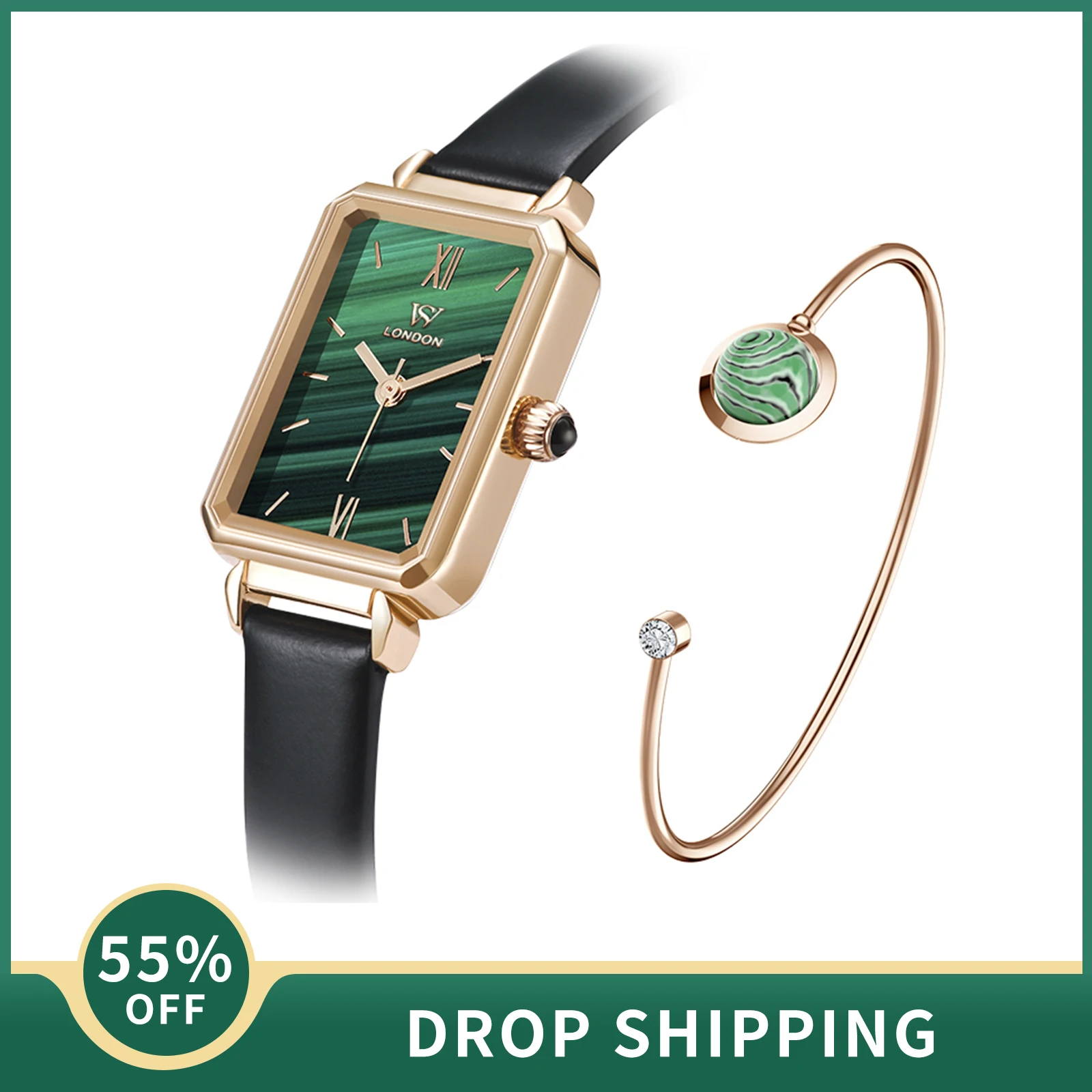 

WS Women Watches Fashion Square Quartz Watch Ladies Malachite Textured Wristwatch with Leather Bands Bracelet Relogio Feminino