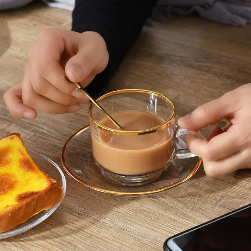 

Glass Coffee Cup European Style Gold Rim Set with Spoon Dish Saucer Mug Afternoon Tea Household with Handle Water Breakfast Milk