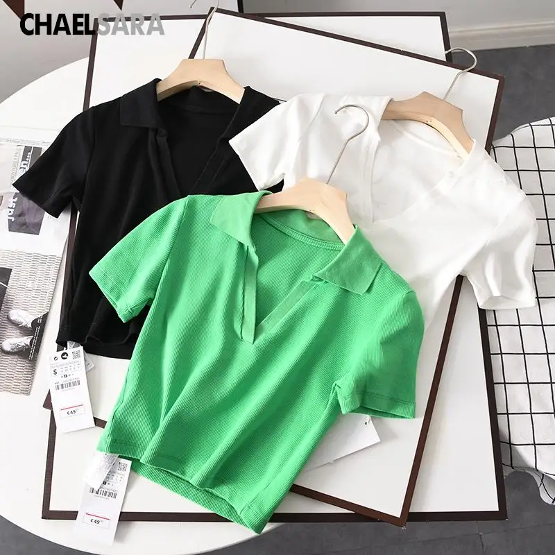 

2022 Summer Women POLO Neck Sexy 4 Colors Short T shirt Female Short Sleeve Slim Crop Tops Streetwear Polo Shirt