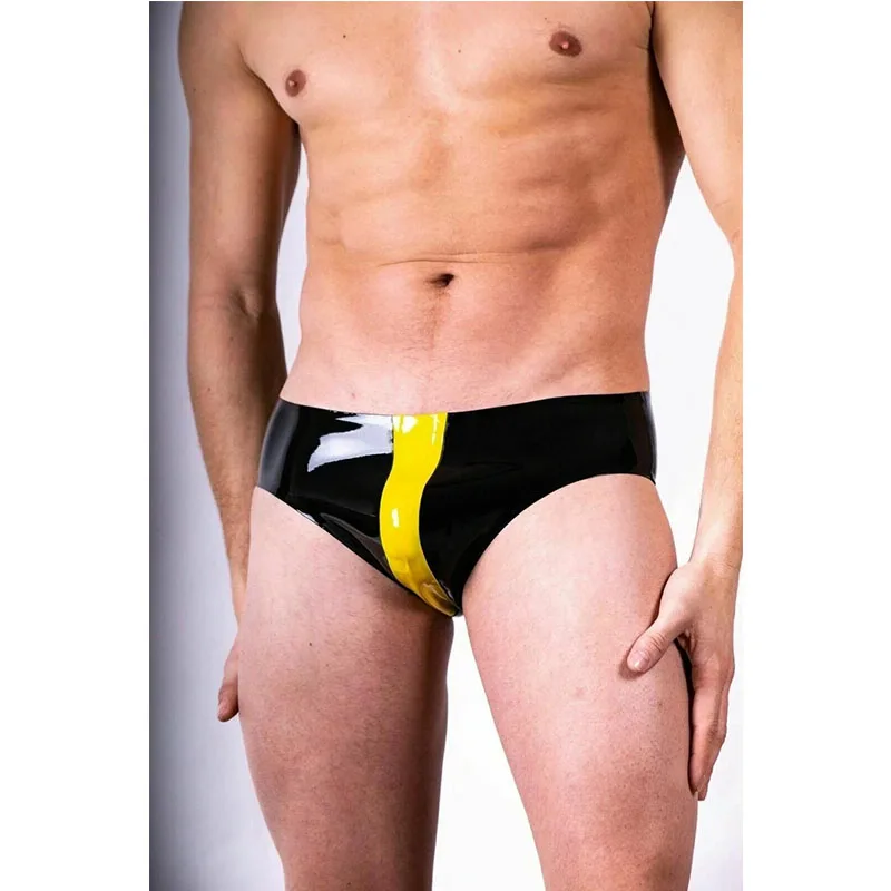 

Men Latex Shorts Black with Yellow Trim Rubber Underwear Briefs (No Zip)