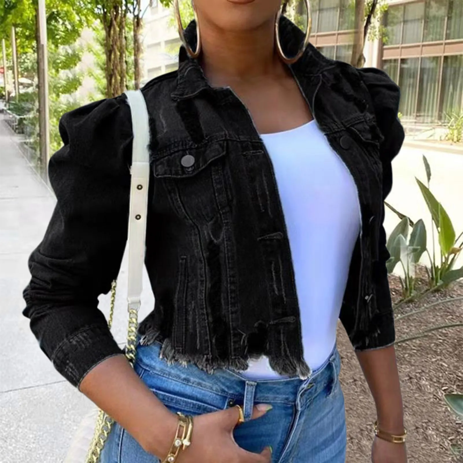 

Ripped Denim Jacket Women Autumn Long Sleeve Retro Short Denim Jackets Button Cropped Jean Coats Classic Jeans Streetwear