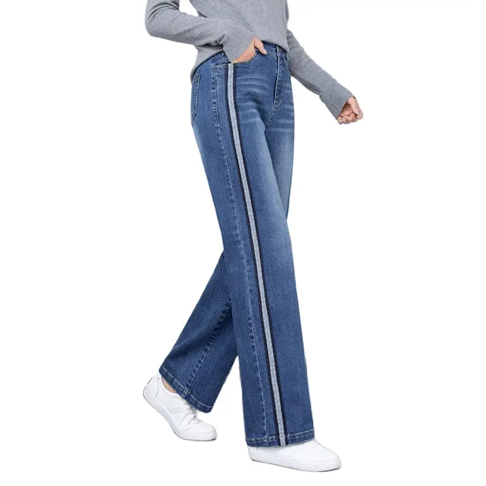 Women Fashion Denim Jeans Wide-leg Straight Slimming Bleached Blue Stretchy Jeans For Autumn  Side Pipe Striped Pattern