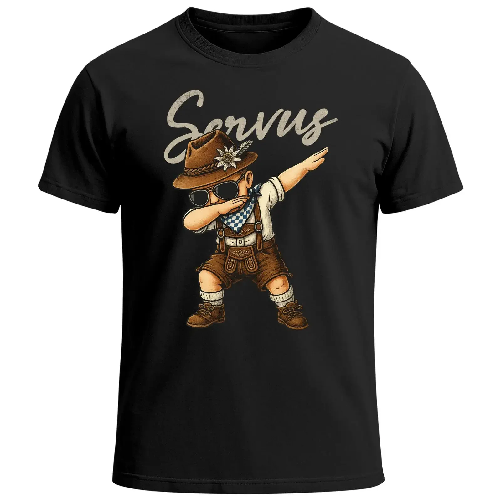 Фото Мужская футболка с забавным принтом Servus Dabbing Lederhosen для Октоберфеста, повседневный костюм для пивного фестиваля, винтажный стиль, эффект потертости №1