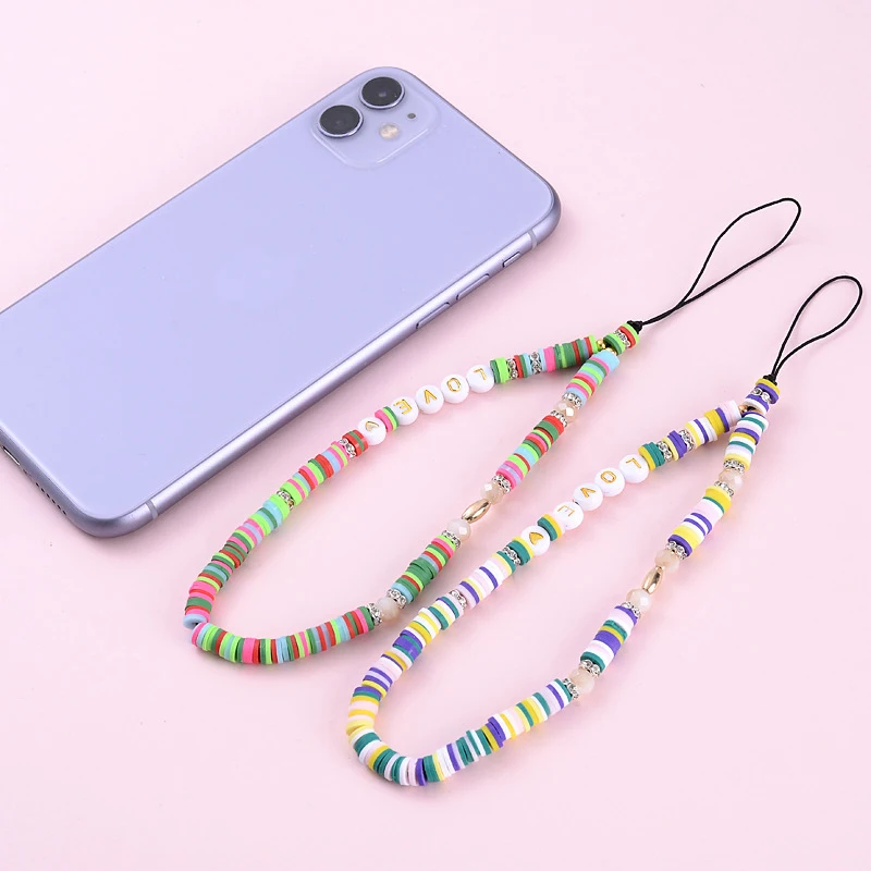 

YUOKIAA Colorful Clay Beaded for Women Phone Chain Anti-Lost Lanyard Chains Mobile Phone Strap Charm Letter Telephone Jewelry