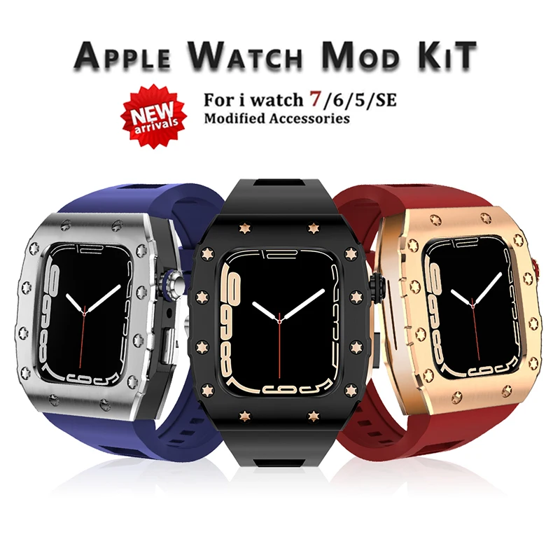Купить Новый роскошный модифицированный комплект, металлическая рамка для ремешка Apple Watch 7 6 5 4 3 44 мм 45 мм, ремешок для часов IWatch 7 6 5 SE