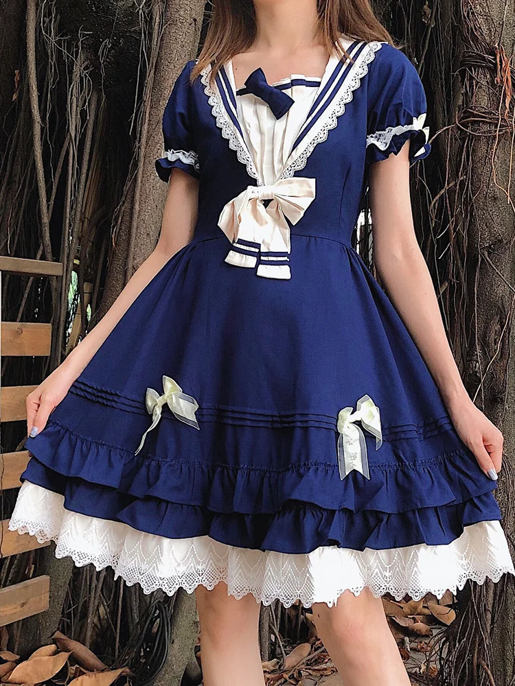 

Harajuku Vintage Lolita Wind Fashion Hipster Designer Women's Dress 2022 Summer Bowknot Lace Splicing Square Collar Puff Sleeve
