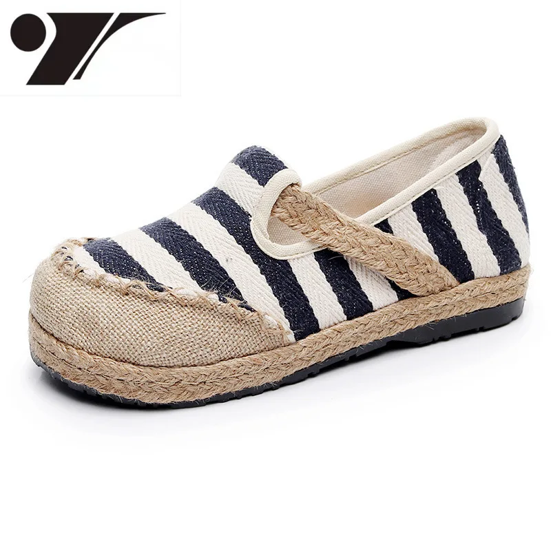 

Туфли женские тканевые, дышащие удобные парусиновые туфли с закрытым носком и круглым носком, модная художественная обувь в полоску