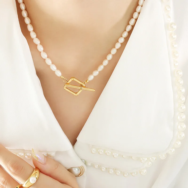 

Minar Elegant Baroque Freshwater Pearl Beaded Necklaces for Women 18K Gold Plated Stainless Steel Square Clasp Chokers Necklace