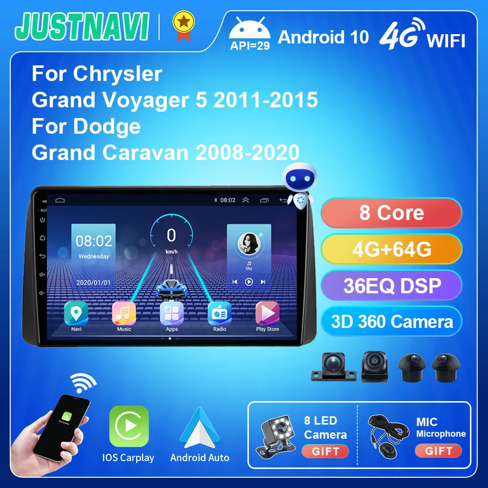 

JUSTNAVI 2 Din Android 10.0 Car Radio Stereo For Chrysler Grand Voyager 5 2011-2015 Dodge Grand Caravan 2008-2020 GPS Navigation