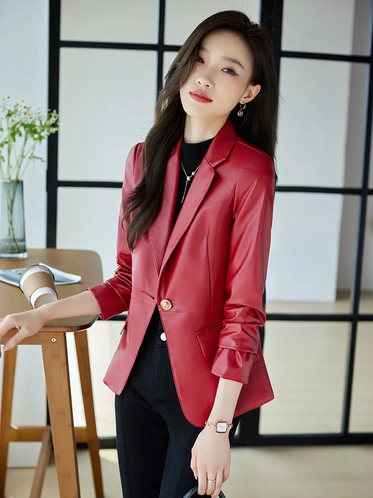 Red Suit Jacket Women's Spring  Autumn 2022 Short Leather Korean British Casual Suit  Office Lady  Single Button Elegant Suit