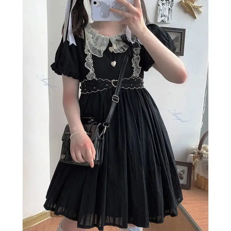 

Frill Ruffle Peter Pan Doll Neck Colorblock Black Dress Puff Short Sleeve Summer Cute Lolita Sweet Mini Dresses Teenager Student