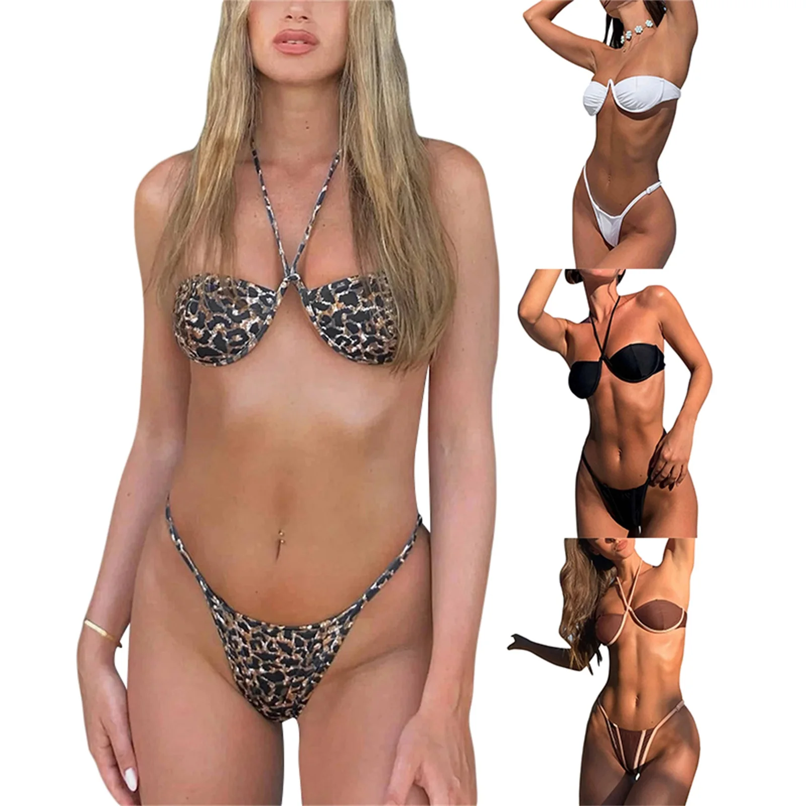 

Женский купальник из 2 предметов, однотонный/контрастный/леопардовый принт, бюстгальтер с лямкой на шее и стринги, комплект бикини