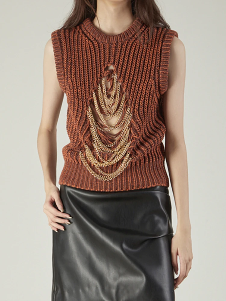 Женский ажурный свитер TWOTWINSTYLE однотонный вязаный жилет с круглым вырезом без