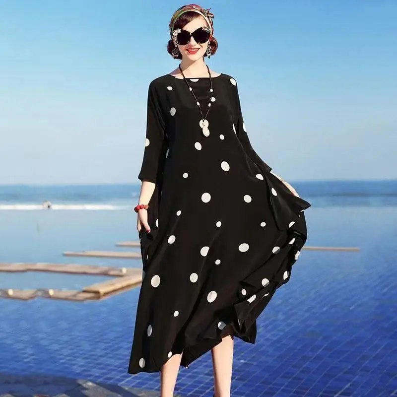

Spring Summer Print 5XL Plus Size Mulberry Silk Dress Women Elegant Bodycon Party Vestidos Boho Vintage Loose Long Dresses X237