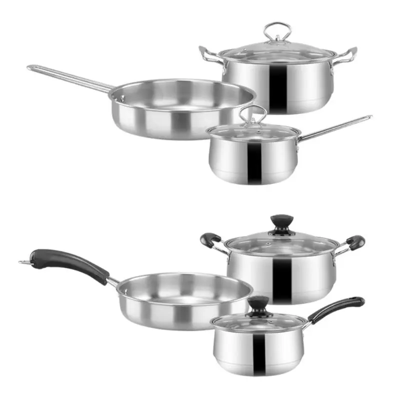 

3pcs Stainless Steel Cookware Set Flat Bottom Frying Pan Soup Pot Milk Pot Kit