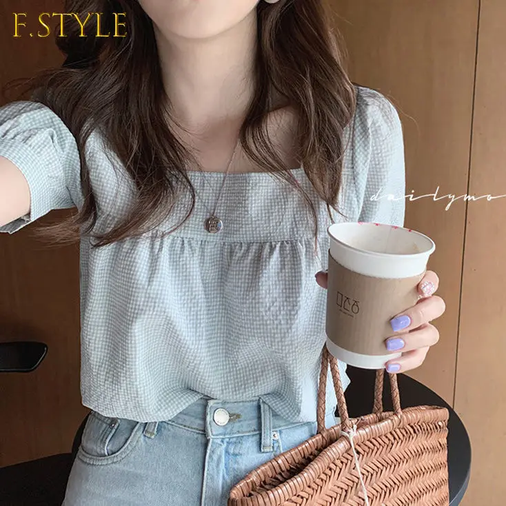 

Women Plaid Blouses Square Collar Loose Korean Style Leisure All-match Summer Tops Teenagers Fashionable Simple New-arrival Chic
