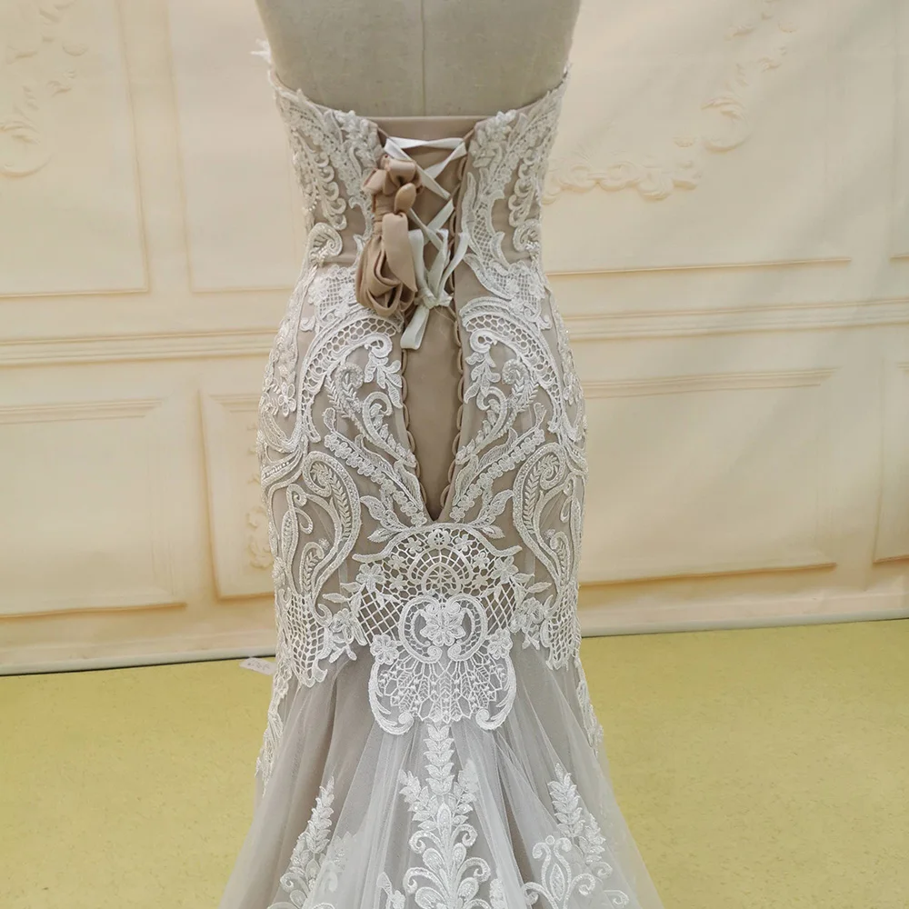 Плиссированные милые кружевные свадебные платья русалки без бретелек по