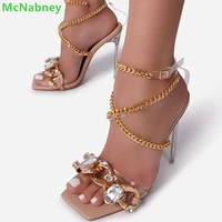 metal chain rhinestone sandals for women square toe thin high heel sexy sahllow cross tied ankle strap fashion summer shoes