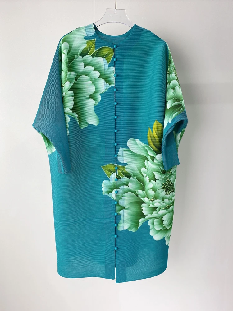 

Doman dress Miyak Pleated Chinese Style Printed LOOSE Large Size Batwing Sleeve Single-breasted Knee-Length Dresses