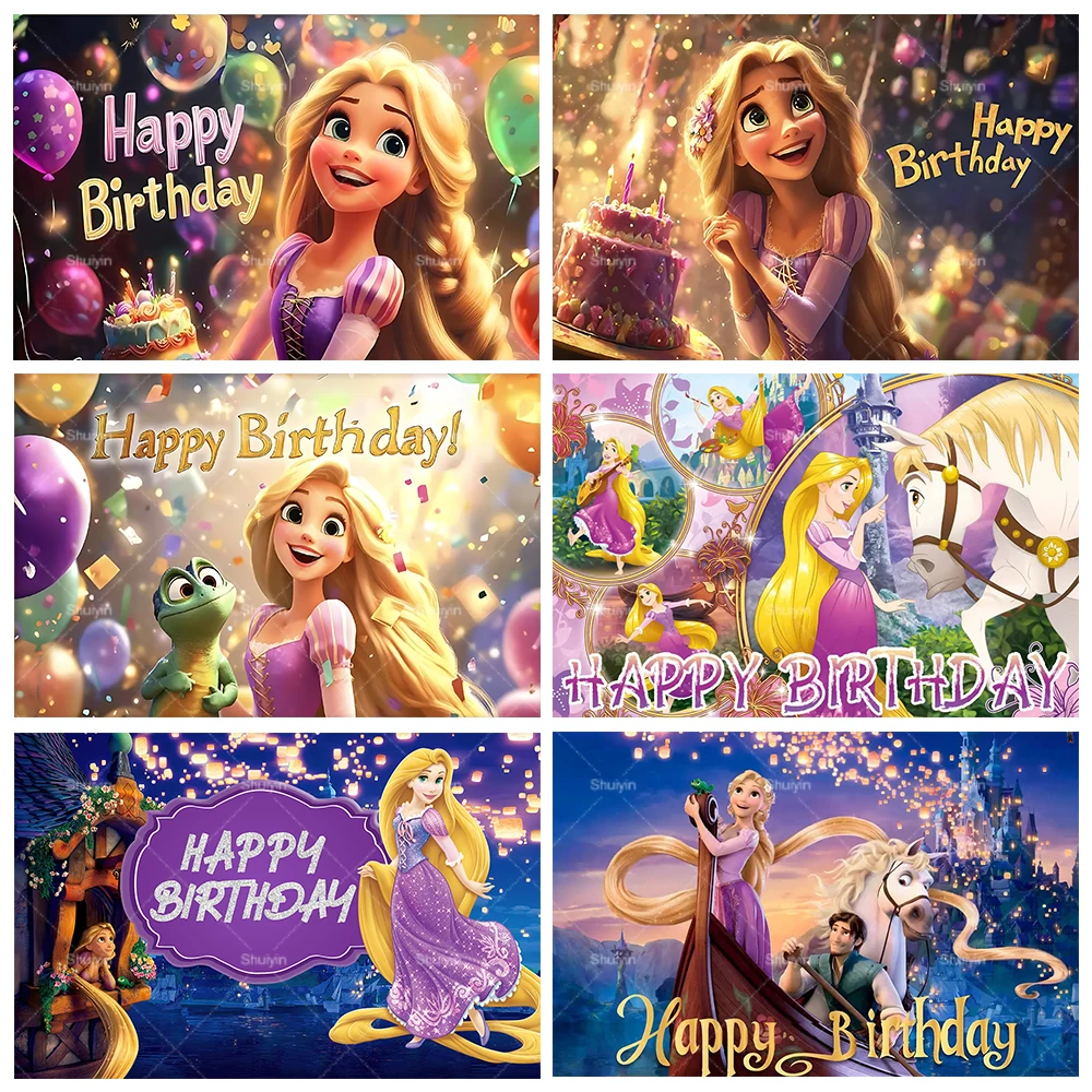 Фото Фон для фотосессии с принцессой Рапунцель из мультфильма Disney Tangled, декорации для вечеринки в честь дня рождения девочки, баннер для детского праздника, подарки, фон для фотосъемки №1