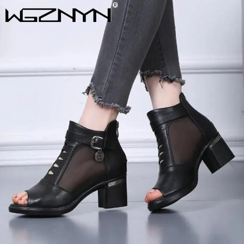 

2022 Fashion NEW Women Sandals Soft Leather Ankle Boots Mesh Summer Boots Zapatos Chaussures Femme Square High Heel Women Shoes