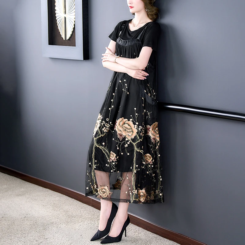Женское платье макси с цветочной вышивкой черное Сетчатое винтажное в Корейском