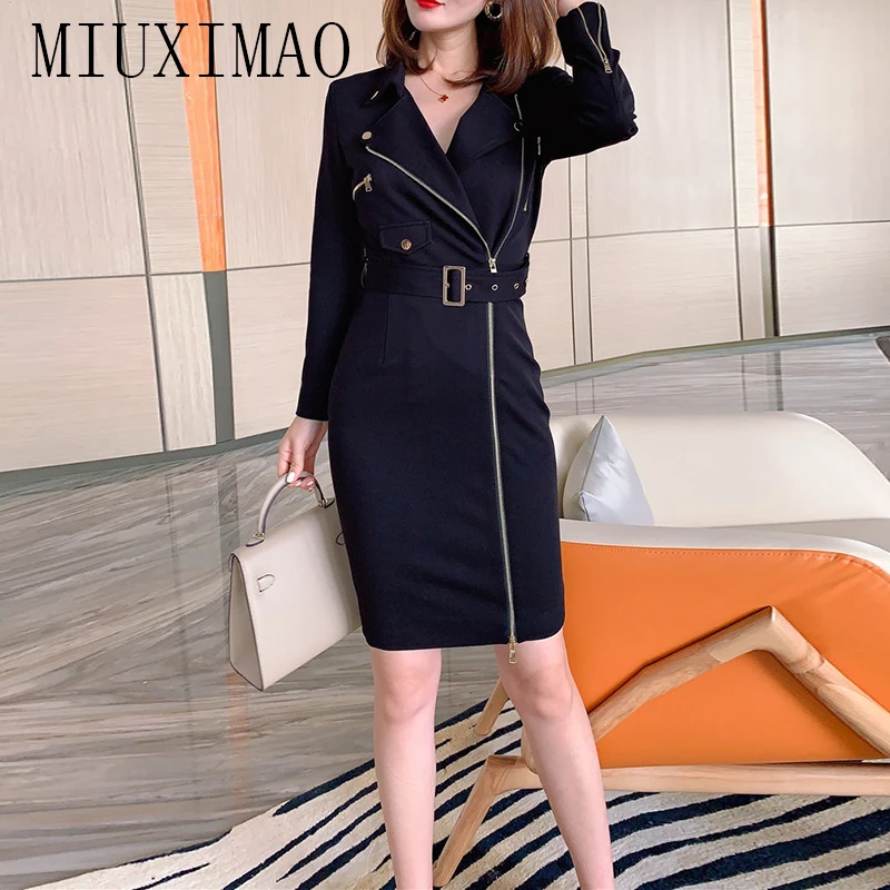 MIUXIMAO 2022 High Quality Autumn&Winter Elegant Dress Long Sleeve Notched Solid Zipper Belt Fashion Mini Dress Women Vestide