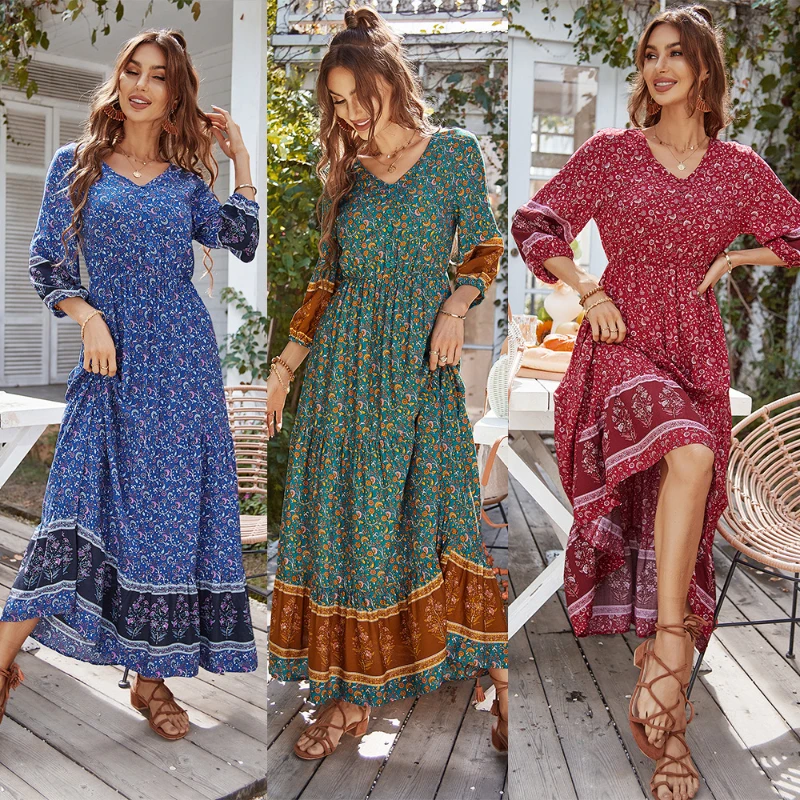 

2022 Summer Dress Bohemian Casual Holiday Dress Swing Skirt V-Neck Casual Loose Dress Printed Long Length Dress