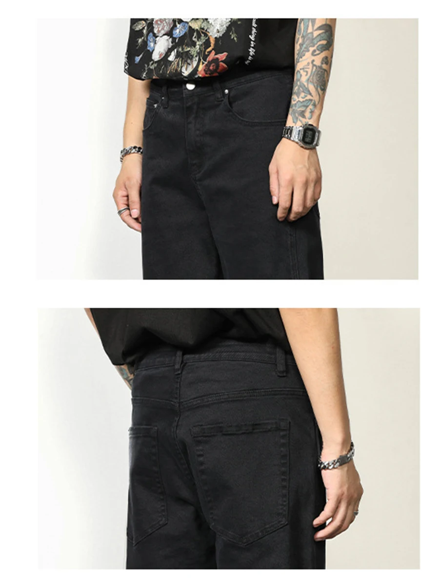 Four Seasons Fashion Men Jeans Stretch Vibe Style Dark Black High Street Black Casual Pants Stretch Trousers Street Men Clothing