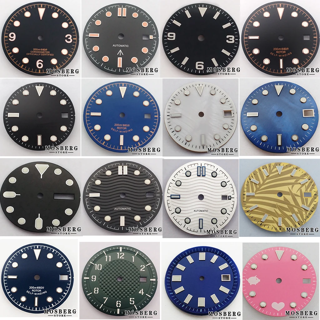 Стерильный зеленый светящийся циферблат для часов NH35 NH36, черного цвета, 28,5 мм, 29 мм, 30,5 мм, 31 мм, запчасти для автоматического часового механизма