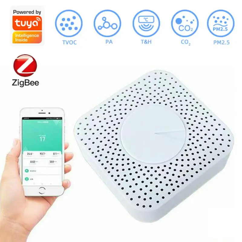 

Умный датчик воздуха Tuya Zigbee PM2.5, формальдегид, VOC,CO2, температура, влажность 6 в 1, датчик воздушной коробки, детектор сигнализации